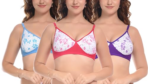 Image of FIMS - Fashion is my style Women Cotton Blend Floral Bra Non-Padded Non-Wired Full Coverage T-Shirt Combo Pack Multicolor Cup- B