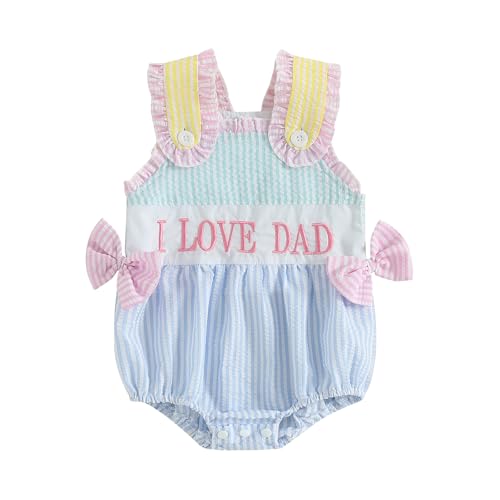 Image of Tempura 0-3M Baby Girl Summer Romper 6M Infant Blue Bodysuit Bows Letter Embroidery Striped Sleeveless Infant Jumpsuit
