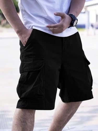 Image of Men Cotton Cargo Shorts Casual Regular Fit Knee Length Multi Pocket Utility Shorts for Travel Outdoor Summer Wear Comfortable Durable Daily Use