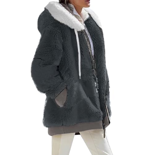 Fuzzy Fleece Jackets for Women Plus Size Hoodies Fall Winter Coats Color Block Patchwork Cardigan Coat with Pockets