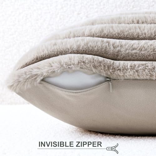 Image of Pallene Faux Fur Plush Throw Pillow Covers 20x20 Set of 2, Luxury Soft Fluffy Striped Decorative Pillow Covers for Sofa, Couch, Living Room, Tan