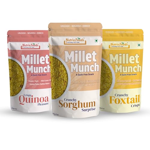 Image of Nutriefoods Millet Munch Snack, 100% Roasted Millets & Guilt Free Snack, Nutritious Munch, Bajra, Jawar, Ragi, Qquinoa, Foxtail Snack (Sorghum, Foxtail and Quinoa (Pack of 3), 300gm)