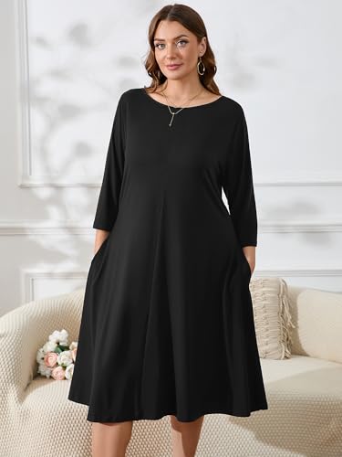 Image of AusLook Women's Plus Midi Dresses Crew Neck A Line 3 /4 Sleeves Casual Elegant Loose Wedding Vacation Dress with Pockets