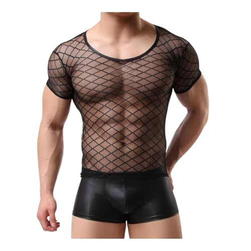 MIZSPISE T-Shirt Homme Maille Transparent Tenue Sexy Losange Haut Lingerie Courte Hot Chemise Moulant Plage (FR/ES, Alpha/Lettres, M, Taille Normale, Taille...
