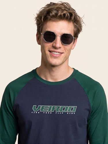 Image of Veirdo Pure Cotton Regular Fit Round Neck Front Chest Typographic Logo Printed Raglan Full Sleeve T-Shirt for Men (Colors: Green, Brown & Maroon)