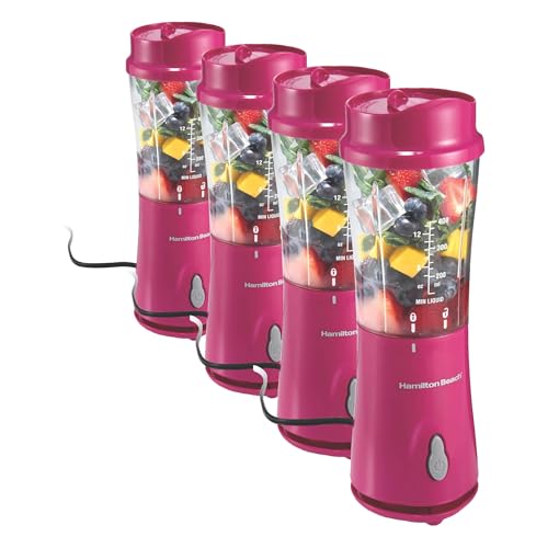 Image of Hamilton Beach Portable Blender for Shakes and Smoothies, 14 Oz BPA Free Travel Cup & Lid, Durable Stainless Steel Blades, Personal Smoothie Blender, Raspberry, 51131G (Pack of 4)