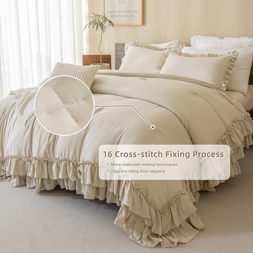 Image of QSH Wheat Comforter King Size for Bed, Shabby Ruffle Chic Bedding Comforter Set, 3 Pices Farmhouse Vintage Bedding Sets, All Season Ultra Soft Lightweight Microfiber Fluffy Comforter