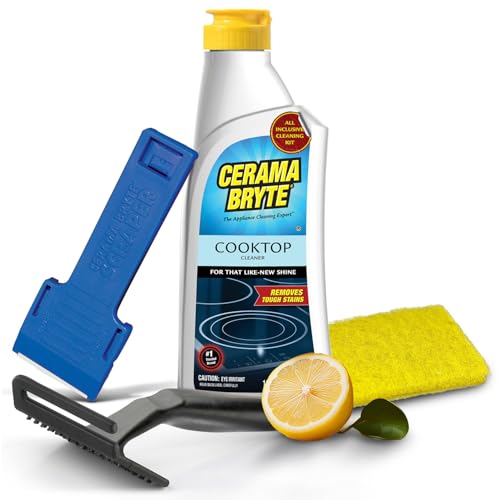 Comparison: Best Stove Cleaner For Grease 9 Cerama Bryte Glass Cooktop and Stove Top Cleaner Combo Kit - Includes Cleaning Tool, Razor, Scraper and 1 Pad to Remove Tough Stains - Use on Gas, Electric, Ceramic Surfaces, 10 Ounces, 4 Piece