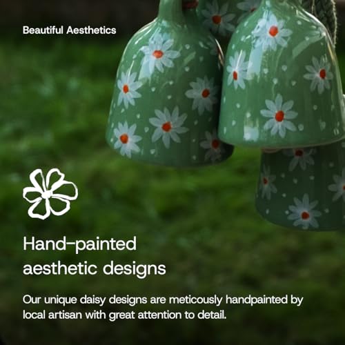 Image of Mundane | Pack of 2 (Combo) Macrame Bell Hangings with Hand-Painted Ceramic Bells | Green Daisy Design | Boho Wall & Balcony Decor