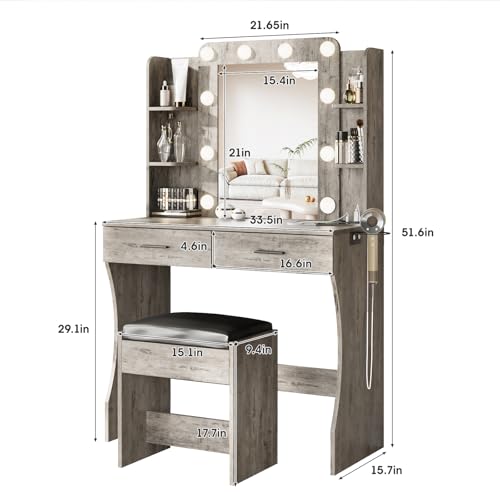 Vabches Vanity Desk with Mirror and Lights,Makeup Vanity Table with Charging Station,2 Drawer Bedroom Dressing Table with 3 Colors Modes Dimming & Cushioned Stool,Light Rustic Oak