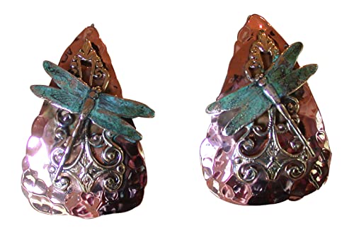Elaine Coyne Wearable Art Forged Copper and Patina Brass Neo-Victorian Dragonfly on Filigree Teardrop Earrings