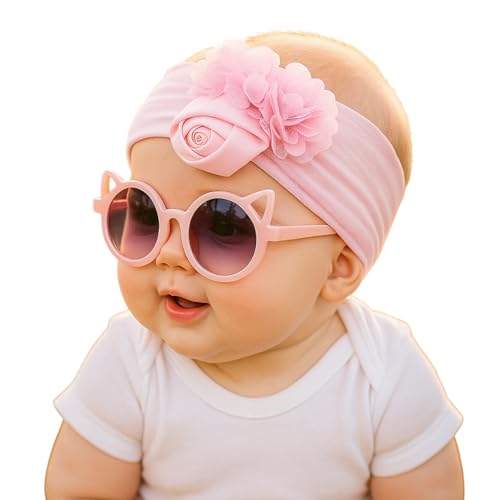 Image of SYGA Baby Rose Flower Stretchable Headband With Uv Protection Cat Type Sunglasses Stylish Combo For Toddlers And Kids (Pink)