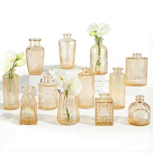 RUCKAE 12 Pack Glass Bud Vases Mini Flower Vase Small Vintage Vases for Centerpiece Table Wedding Decorations Home Decor Party(Gold)