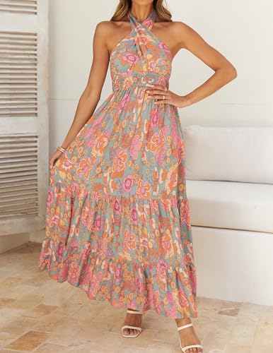 ZESICA Women's 2025 Summer Crossover Halter Neck Sleeveless Plaid Cut Out Backless Flowy A Line Maxi Dress4