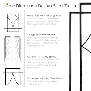 Sunnydaze 2 Piece Chic Diamonds Design Garden Trellis for Climbing Plants Set Metal Decorative Outdoor Plant and Flower Trellis 48 Inch Tall Each Black