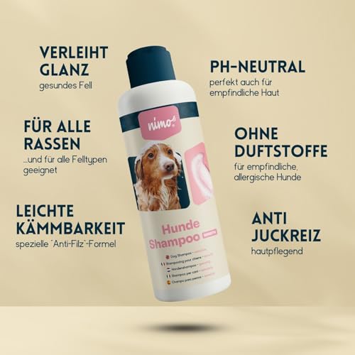 nimo® Hunde Shampoo sensitiv | ohne Duftstoffe & pH-Neutral mit Kollagen | für alle Hunderassen und Sensible, allergische Hunde | für bessere Kämmbarkeit & glänzendes Fell, 100% tierleidfrei