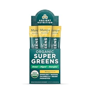 Ancient Nutrition SuperGreens Powder with Probiotics, Organic Mango Flavor Greens, Made from Real Fruits, Vegetables and Herbs, Digestive and Energy Support, 16 Stick Packs, 4.3oz
