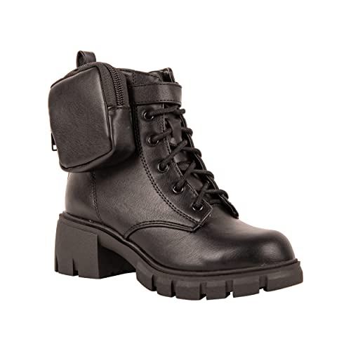 Kassie Daniela ~ Pouch ~ Kids Lug Sole Mid Shaft Chunky Heel Fashion Combat Lace Up Bootie W/Side Zipper & Pouch Girl Boots (Black Pu, 13) #TOP2
