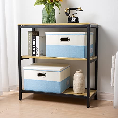 Image of PRANDOM Large Foldable Storage Boxes with Lids [3-Pack] Fabric Collapsible Storage Bins Organizer Containers Baskets Cube with Cover for Home Bedroom Closet Office Nursery Blue&Cream(17.7x11.8x11.8)