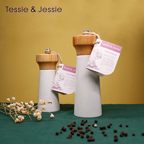 Salt And Pepper Grinders White Salt Shaker Wooden Pepper Salt Grinder Set Pepper Mill - Stainless Ceramic Refillable For Sea Salt Black Pepper - 5" And 6" Christmas Gift Set By Tessïe & Jessïe #TOP5