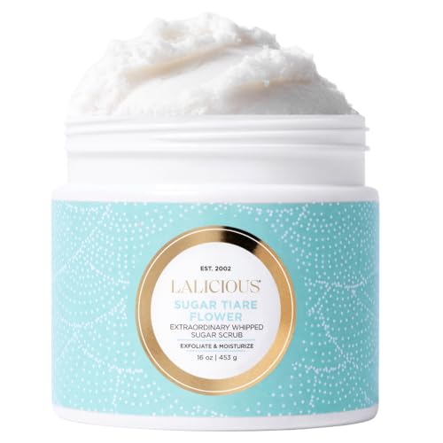 Image of LALICIOUS Sugar Tiare Flower Exfoliating Body Scrub, Moisturizing Whipped Exfoliator, Pre-Shave Scrub for Ingrown Hairs & Razor Bumps, Gently Buffs & Smooths Sensitive Skin | No Parabens | Large 16oz