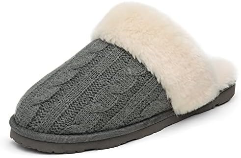 DREAM PAIRS Women's Cozy_06 Grey Cable Knit Faux Fur Mules Comfy Slippers Size 7.5-8 M US