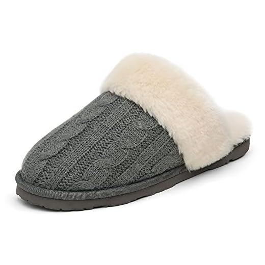 DREAM PAIRS Women's Cozy_06 Grey Cable Knit Faux Fur Mules Comfy Slippers Size 7.5-8 M US