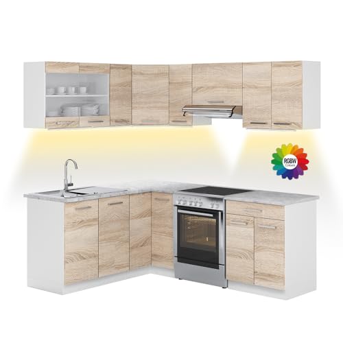 Vicco Eckküche Rick, Sonoma, 167 cm, AP Marmor mit LED-Leisten