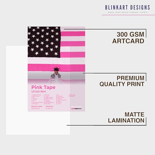 Image of BLINKART lil uzi vert - Pink Tape Wall Photo Frames | Wall Art for Bedroom, Living Room, Studio or Office | Album Cover Print with Spotify Song Link QR Code | Gift for Fans - 8x12 In