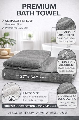 Image of Towels for Bath | Towels for Bath Large Size Bath Towel - Soft & Absorbent | 600 GSM | 1 Piece Bath Towel for Men /Women | 70 cms x 140 cms - Ash Grey