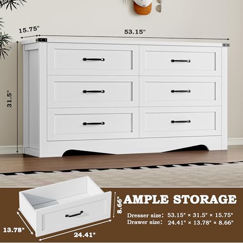 Image of BORNOON 6-Drawer Dresser for Bedroom, Modern Wooden Chest of Drawers with Metal Handles, Anti-Tipping Design, Sturdy and Stable Storage Organizer for Living Room, Entryway, Home Office