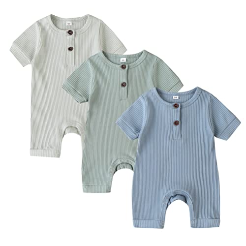 Image of Bafeicao Baby Boy Girl 2/3 Pack Solid Romper Ribbed Short/Long Sleeve Bodysuit Jumpsuit Infant Knitted Outfits Clothes