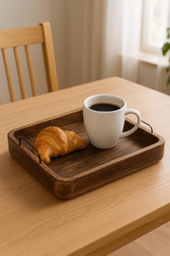 Image of Craft Expertise Wooden Serving Tray Square for Tea Coffee & Drinks | Solid Wood Dining Table Tray for Home & Kitchen | Rustic Coffee & Tea Serving Tray with Handles | 10 x 10 x 1.5 Inches