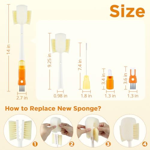 Image of OUTXE 6 Pack Bottle Brush Set, 5-in-1 Water Bottle Cleaner Brush, 14 inch Long Handle Bottle Cleaning Brush, 3 Straw Brush, Removable Nipple Detail Brush for Cup Lid Gap, with Replecement Sponge