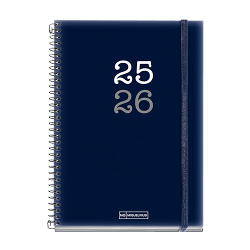 Miquelrius - Agenda Escolar 2025 2026, Planificador 12 Meses: Septiembre a Agosto, Tamaño 150 x 213 mm, Semana Vista, Cubierta de Polipropileno Opaco, Cierre con Goma, Español-Inglés