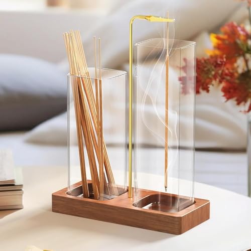 お香立て 線香立て インセンスホルダー お香たて 香炉 お香 線香 吊り下げ型 オシャレ インテリア ガラス 木製 灰がこぼれない ストックも置ける (ブラウン)