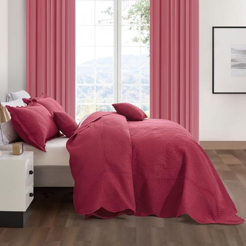 Image of HZ & HY Oversized King Bedspread, Embossed Damask Quilt Set King /Cal King, Lightweight Reversible Coverlet, Scalloped Edge - Warm Traditional Look, 5 Piece, Wine Red