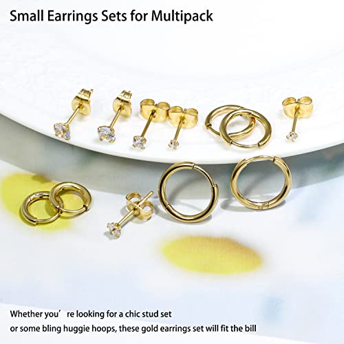 Small Gold Earrings Set For Women: 6 Pairs 14K Gold Plated Small Huggie Hoop Earrings Tiny Cz Stud Earrings For Lobe Cartilage Helix Multiple Piercing Hypoallergenic (14K Gold Plated - 6Mm/8Mm/10Mm Hoops And 2Mm/3Mm/4Mm Studs) #TOP5