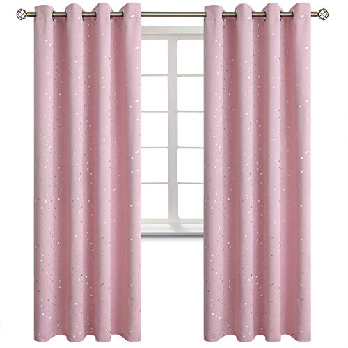 Image of BGment Kids Blackout Curtains for Bedroom - Grommet Thermal Insulated Silver Star Print Room Darkening Curtains for Kids Room, Set of 2 Panels, 52 x 84 Inch, Baby Pink