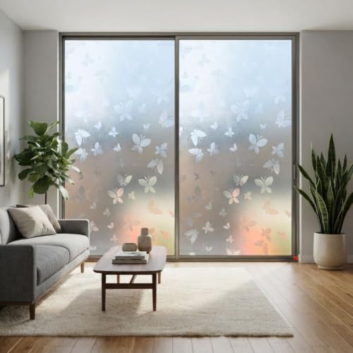 Image of WISDOM Butterfly Frosted Window Privacy Film Self-Adhesive Decorative Glass Film UV Blocking Heat Control Removable No Glue Window Covering for Home, Office, Bathroom 16x36