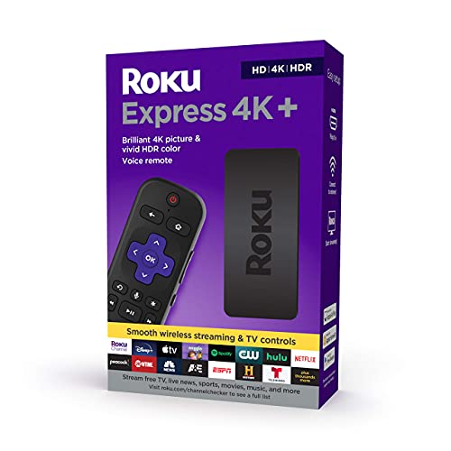 Roku Express 4K+ 2021 | Streaming Media Player HD/4K/HDR with Smooth Wireless Streaming and Roku Voice Remote with TV Controls, Includes Premium HDMI Cable (Renewed)