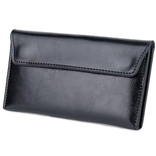 Women's Genuine Real Leather Slim Envelope Wallet with Detached Card Holder, Magnetic Closure, Phone Holder Clutch (Black)