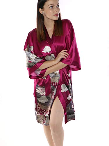 Prettystern Damen 100% Seide Kimono Yukata Knielang Gürtel Seidenmantel Hauskleid oder Morgenmantel Sommer Kleid SK02 Dunkelpink