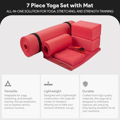 Image of BalanceFrom 7-Piece Yoga Set with 71x24x0.5 Inches Extra Thick Mat and Carrying Sling - Includes 2 Blocks, Stretch Strap, 2 Towels, and Knee Pad for Home, Studio, and Gym Workouts