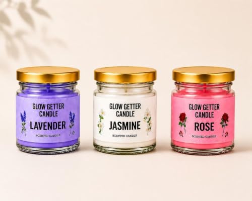 Image of Glow Getter Mini Jar Scented Candle Set | Premium Aromatherapy Candles in Glass Jars | Long Burning Home Fragrance Candles for Relaxation, Home Decor & Gifting, Scented Jar with lid (Pack of 3)