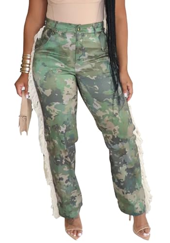 YOOTIKO Women Camo Fringe Pants Elastic High Waisted Straight Leg Sweatpants for Casual Club Party