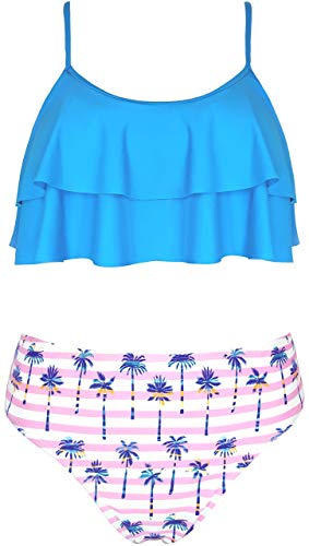 Image of SHEKINI Girls Floral Print Bathing Suits Ruffle Flounce Two Piece Swimsuits | Girls Bikini,Girls Bathing Suit,Swimsuits for Kids,Kids Bikini,Girls 2 Piece Swimsuit,Summer Hawaii Beach Swimwear,6-12 Years