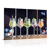 iLOOKLiKE 4 Panels Cocktail Canvas Wall Art Sparkling Liquor Wall Decor Wine Drink Cup Glass Paintin