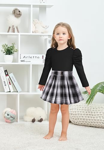 Image of Fuermos Toddler Girl Clothes Puff Sleeve Top and Pleated Girls Plaid Skirt Set 2PCS Girls Outfits Fall Winter