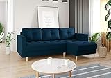 Skandi design Ecksofa Skandi mit Schlaffunktion, L Form Couch, Ecksofa mit Schlaffunktion, Sofa mit Kissen, Sofagarnitur mit Schalffunktion, Ottomane Rechts, 220 x 150 cm (Blau)